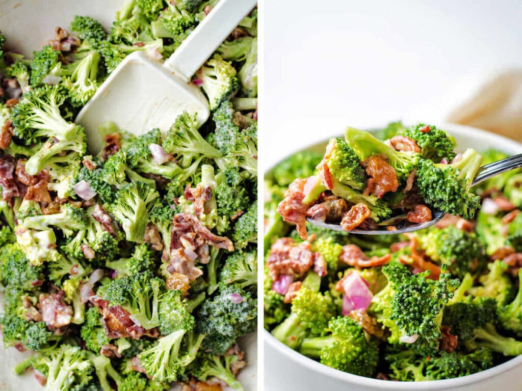 Tossing broccoli salad with dressing using a rubber spatula.