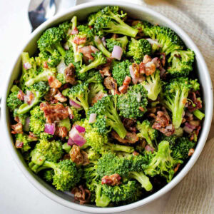 Broccoli Salad in a bowl on a table.