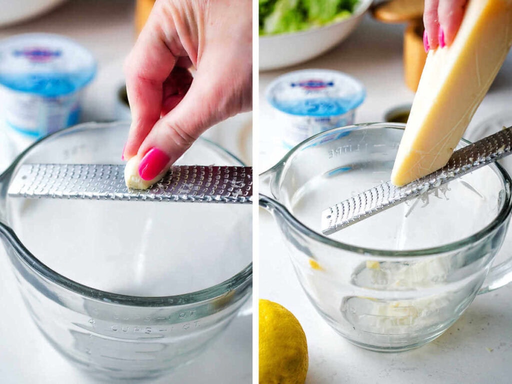 Side by side photos of grating garlic and parmesan.