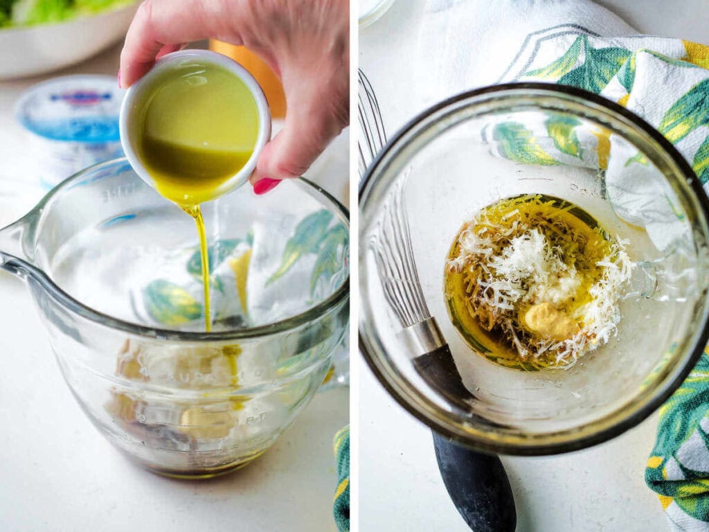 Side by side photos of pouring olive oil into a measuring cup with the rest of the ingredients.