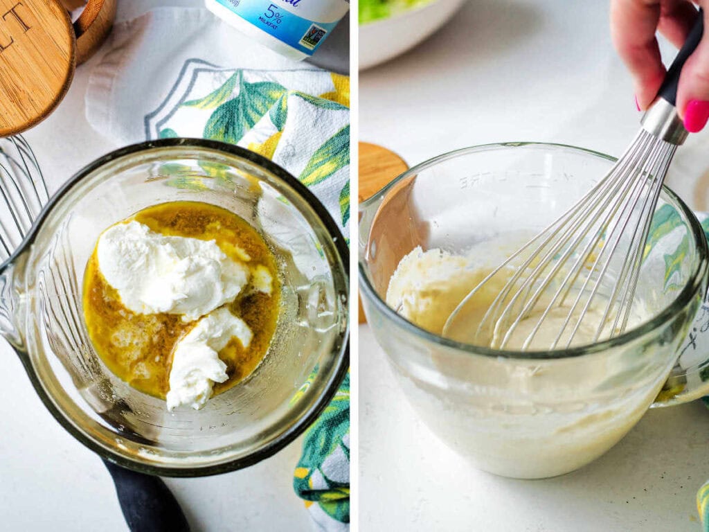 Adding Greek yogurt to the salad dressing and whisking until smooth.