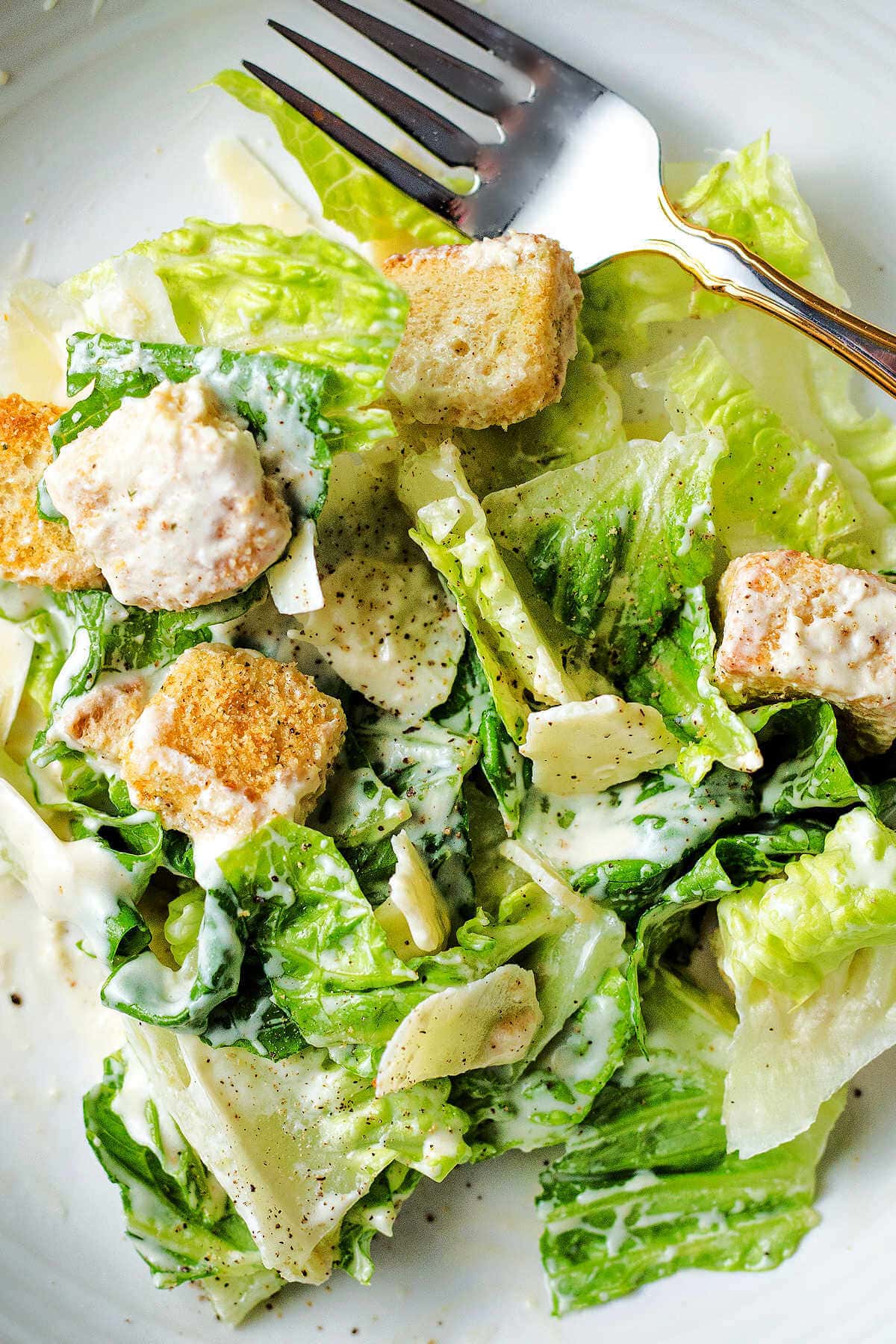 Caesar salad dressed with Greek yogurt Caesar salad dressing.