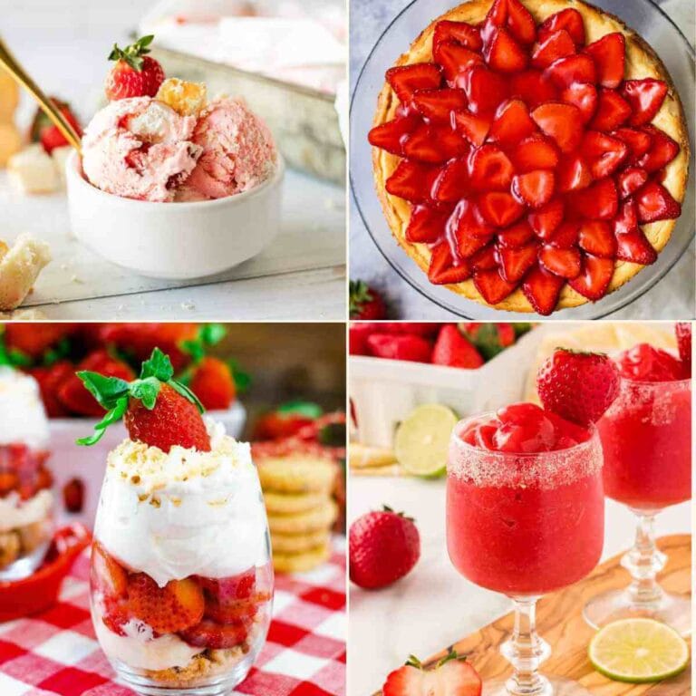 A collage of four strawberry recipe photos.