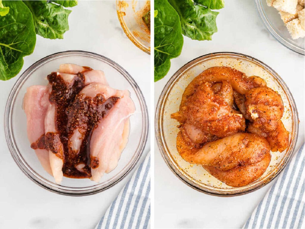 Chicken tossed in blackened seasoning in a glass bowl.