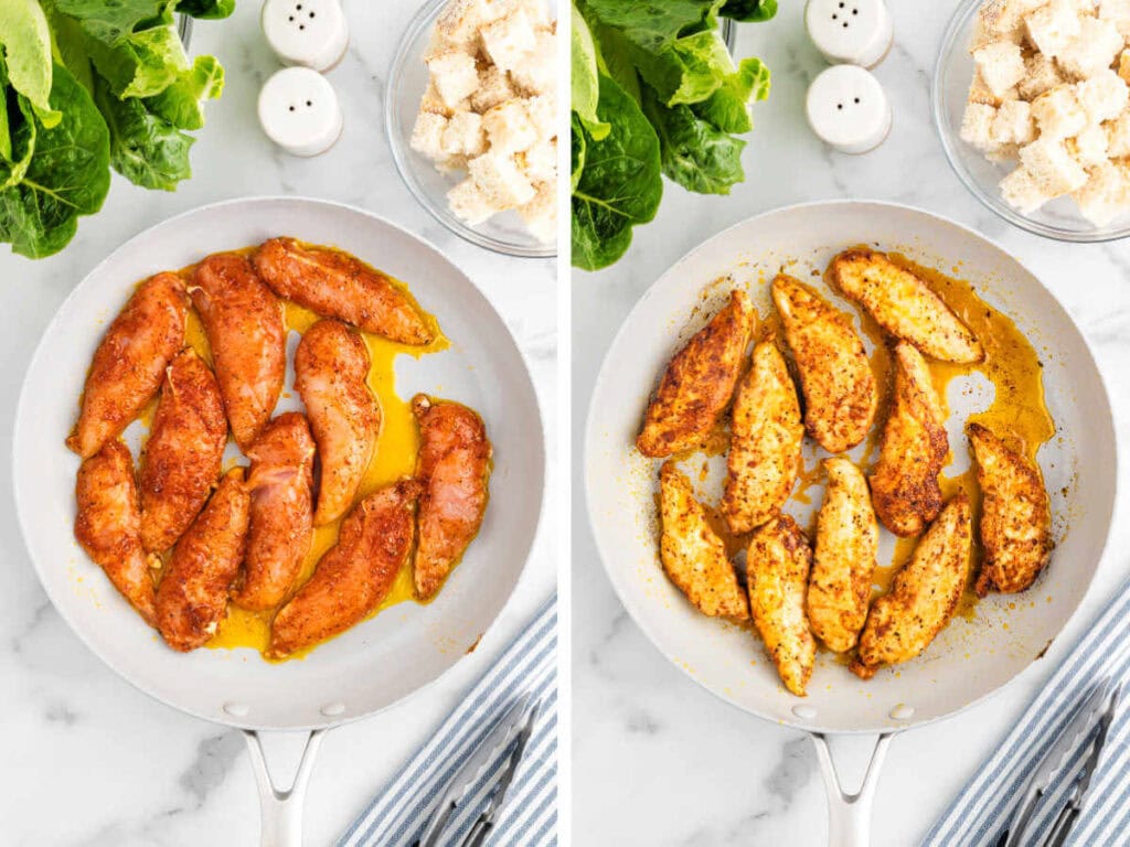 Seasoned chicken in a skillet.