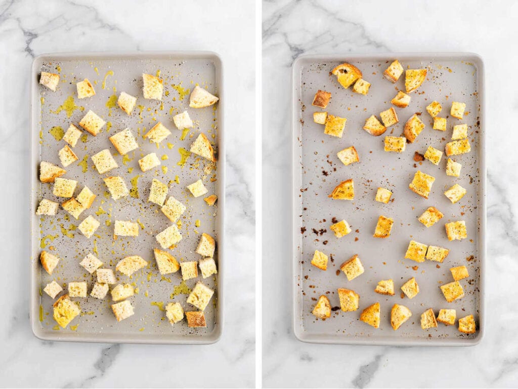 Cubed French bread on a baking sheet to make croutons.