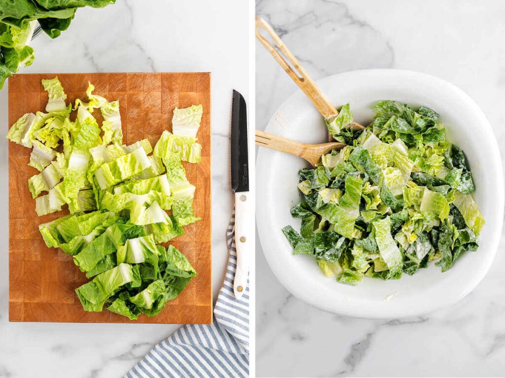 Chopped romaine lettuce on a cutting board; tossing lettuce with Caesar dressing in a bowl.