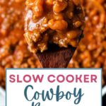 Slow Cooker Cowboy Beans in a wooden spoon.