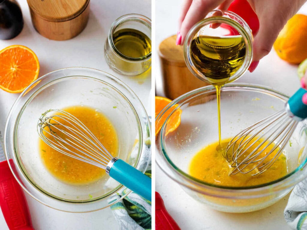 Side by side photos of making the citrus vinaigrette in a bowl with a whisk.