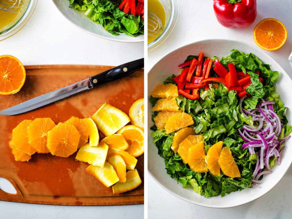 Side by side photos of assembling the grilled shrimp salad with citrus vinaigrette.