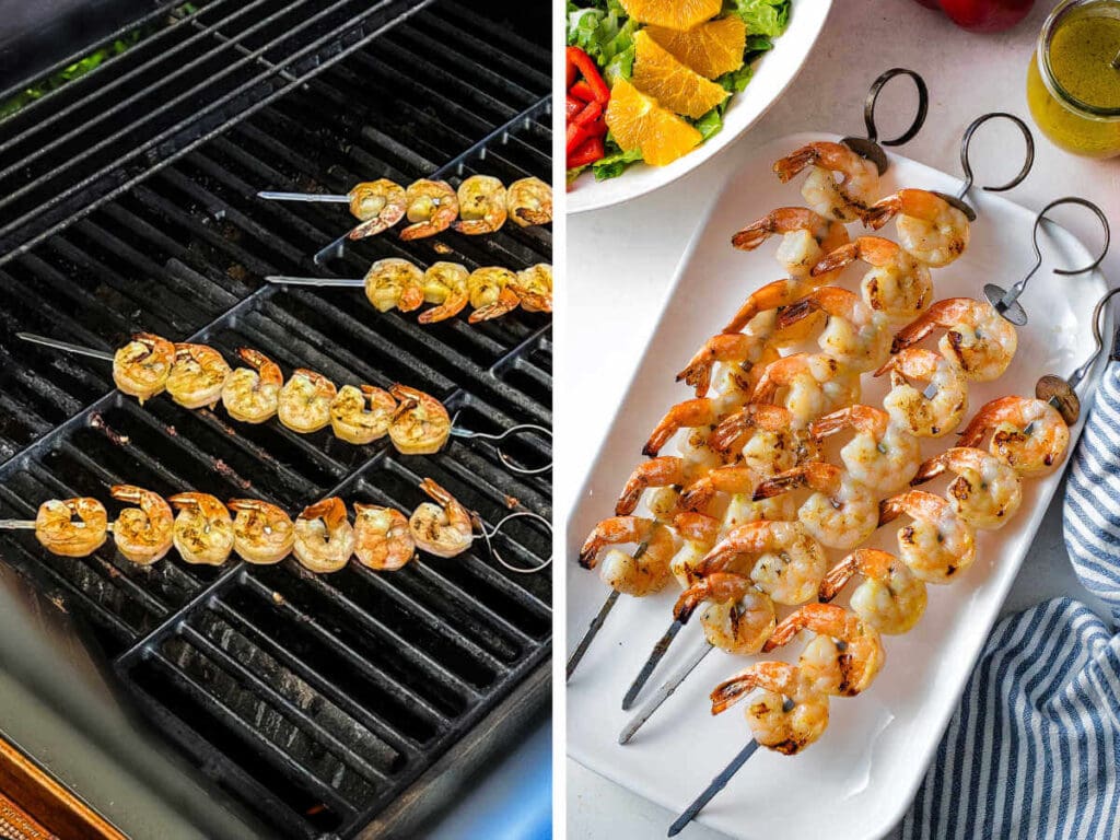 Side by side photos of grilling the shrimp and placing them on a platter.