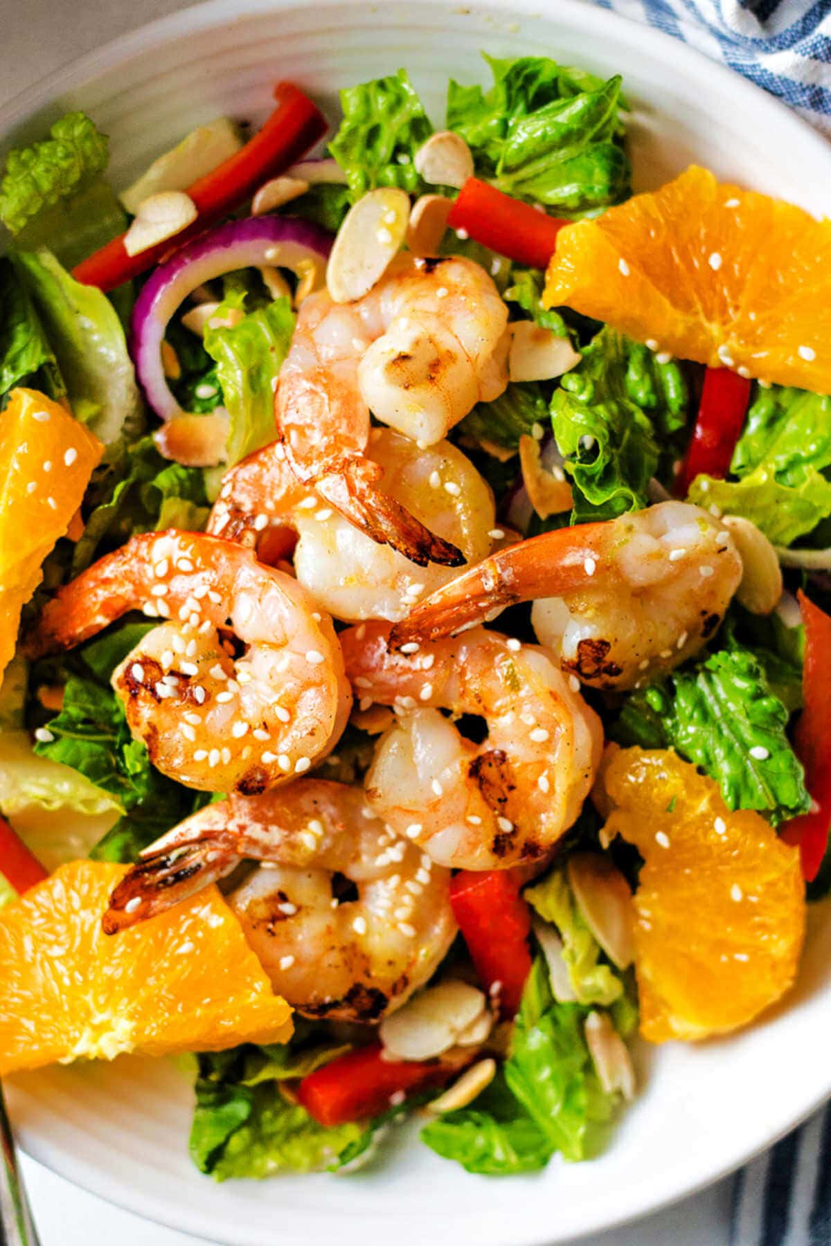 Close up of the grilled shrimp on top of a citrus salad.