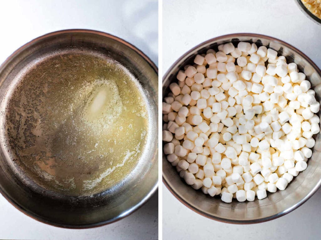 Side by side photos of melting butter and adding the mini marshmallows to the pan.