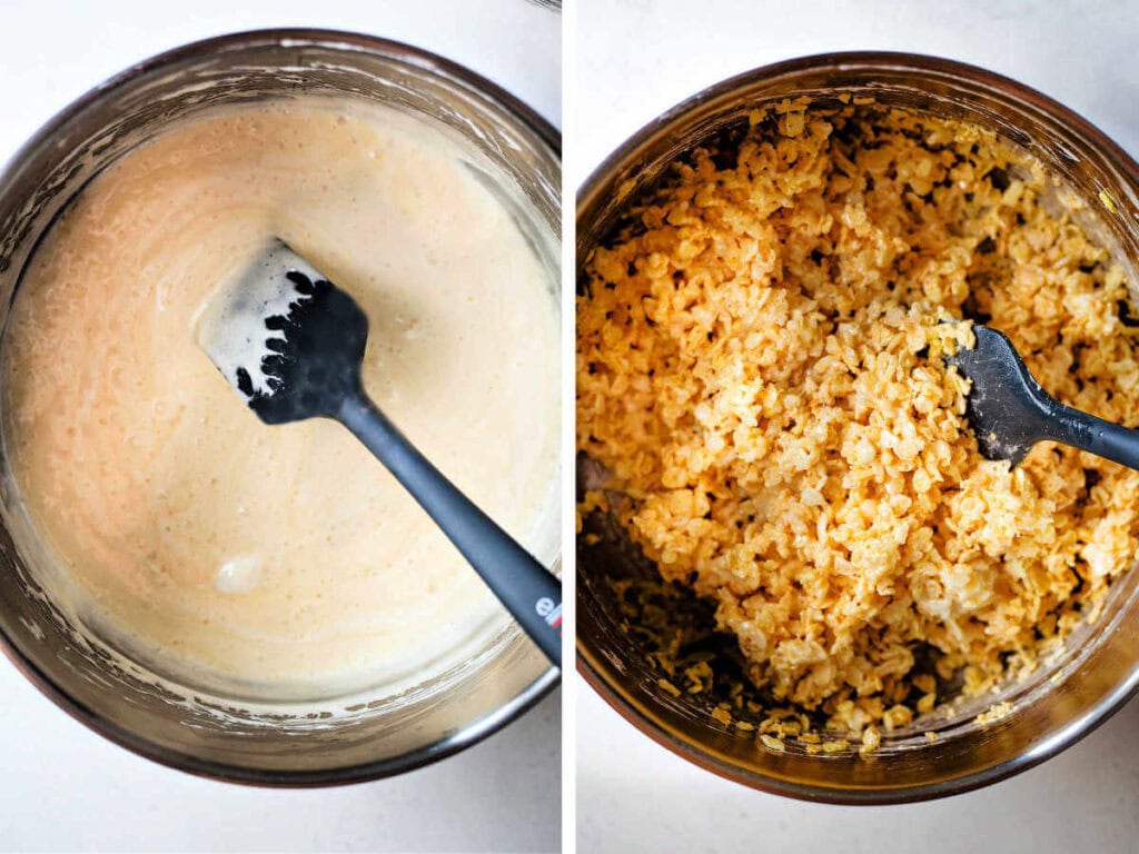 Side by side photos of folding in rice cereal to melted marshmallows.