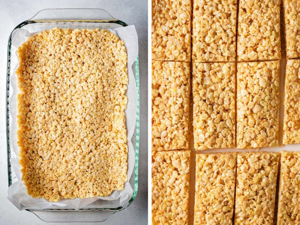 Side by side photos of pressing the cereal into a baking dish and cutting them into squares.