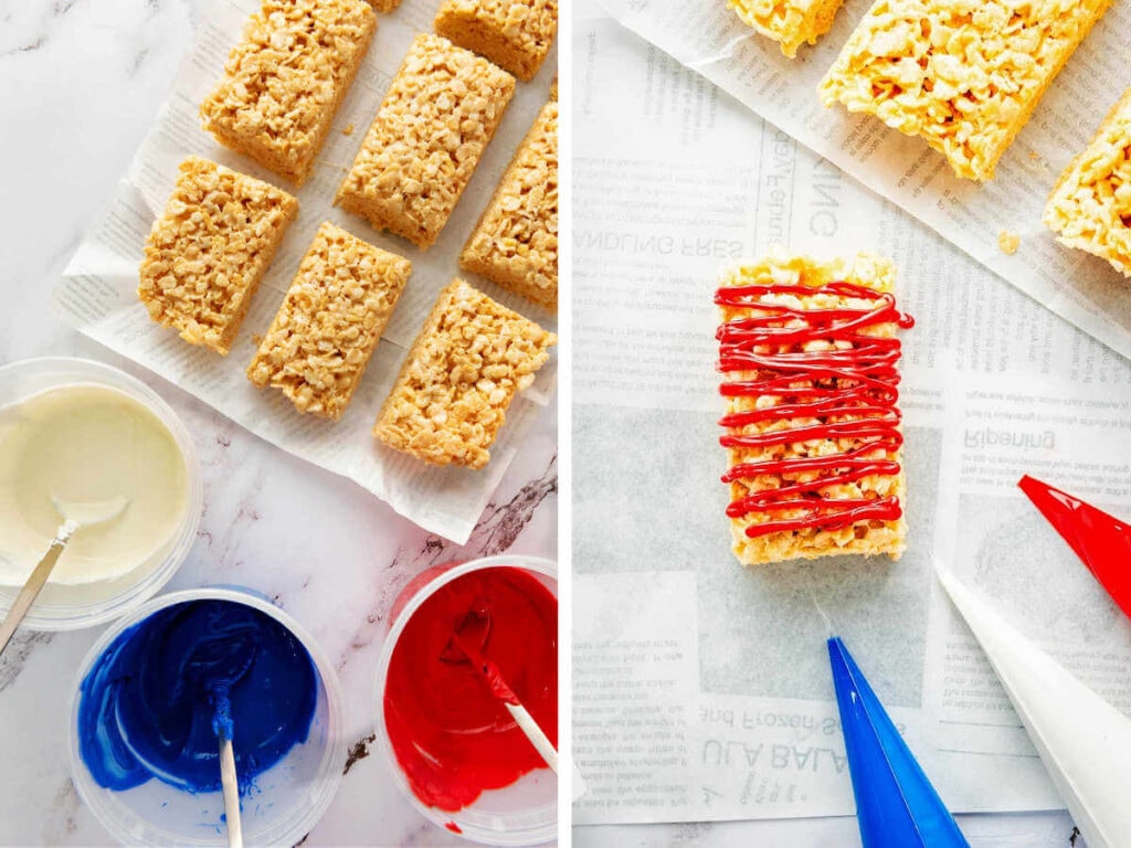 Side by side photos of decorating the patriotic Krispy treats with red white and blue candy melts.