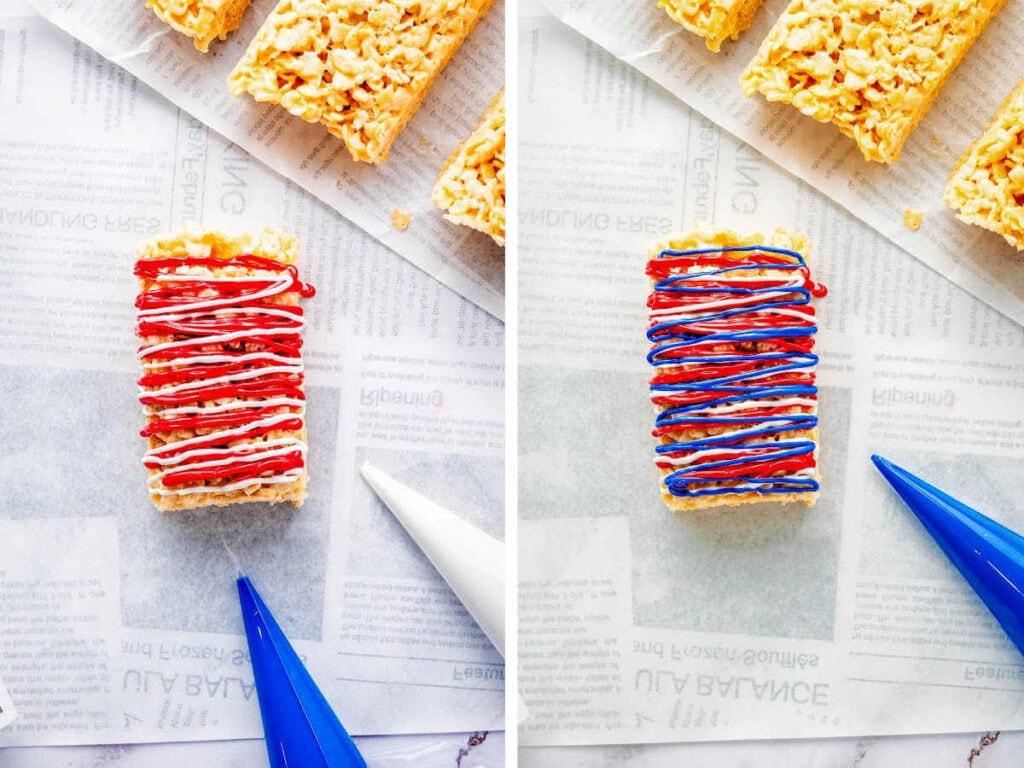Side by side photos of adding layers of candy melts on the patriotic Krispy treats.