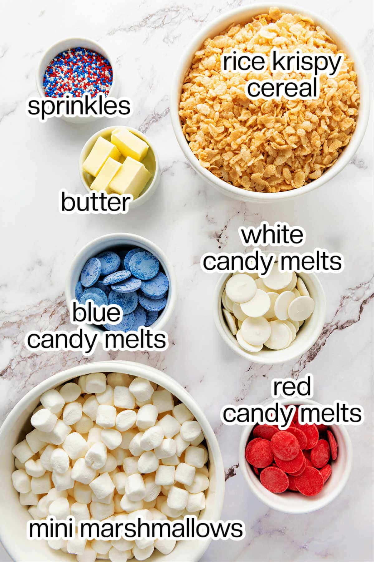 Ingredients needed to make patriotic Krispy treats with sprinkles.