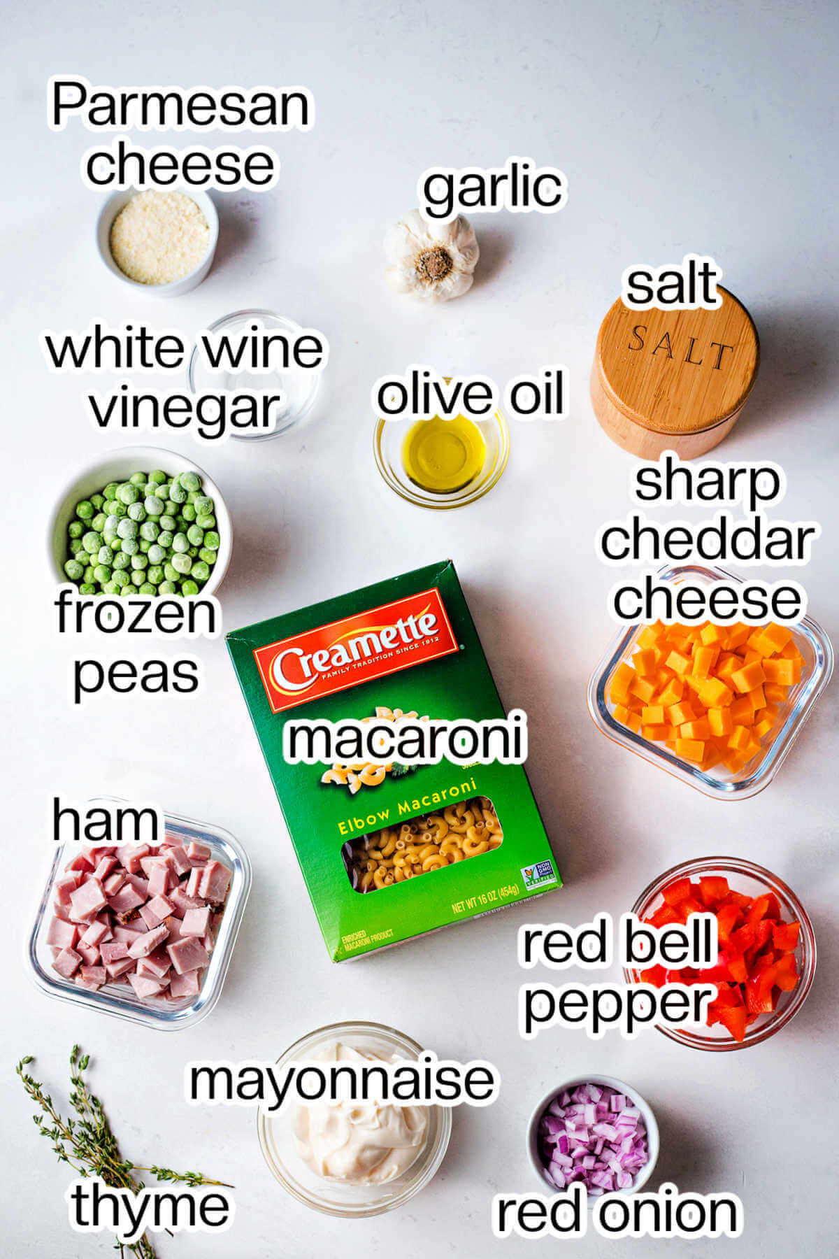Ingredients needed to make macaroni salad.