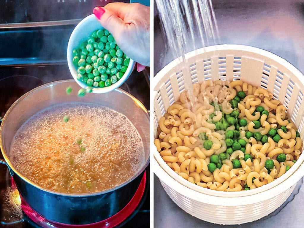 Side by side views of boiling and rinsing the pasta and peas.