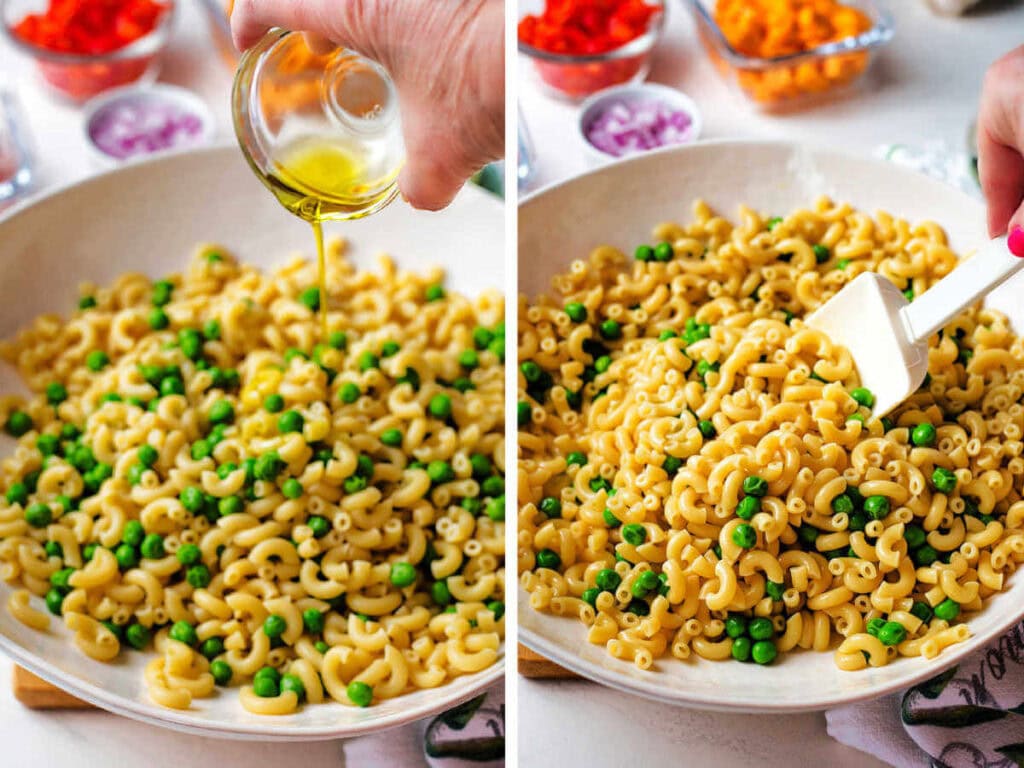 Side by side photos of coating the macaroni pasta and pees in olive oil.