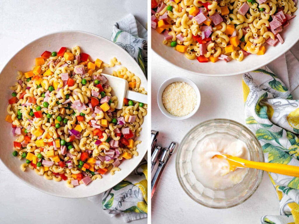 Side by side image of tossing macaroni salad ingredients and stirring together the dressing.