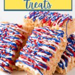 Patriotic Krispy Treats decorated with red, white, and blue drizzle and sprinkles on a plate.