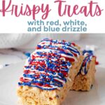 Patriotic Krispy Treats decorated with red, white, and blue drizzle and sprinkles on a plate.