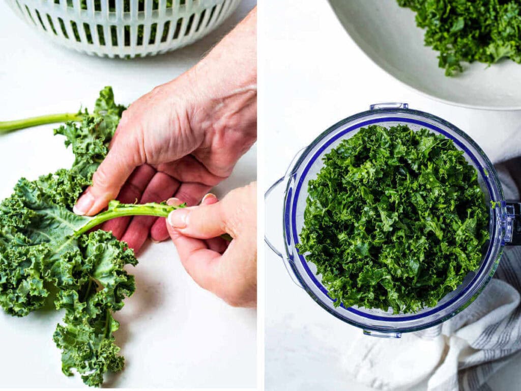 Side by side photos of prepping the kale.