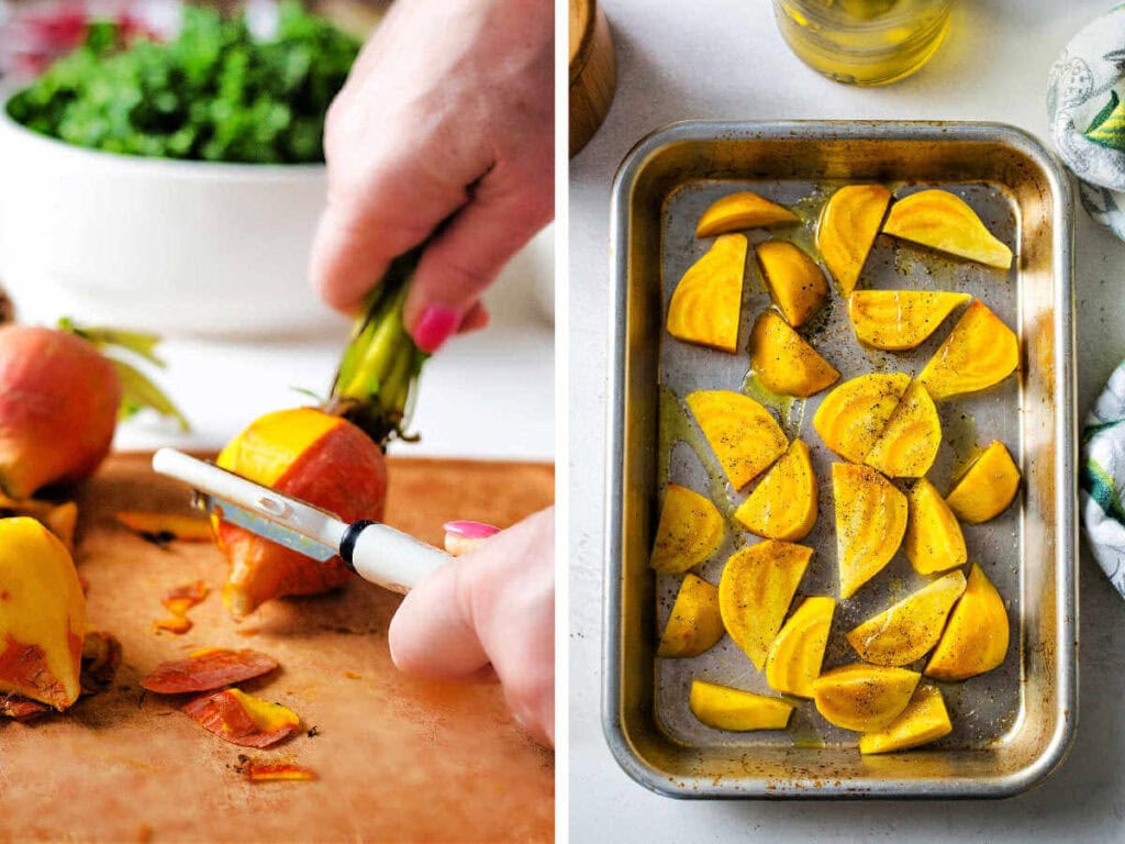 Side by side photos of prepping the beets and placing them on a sheet pan to roast.