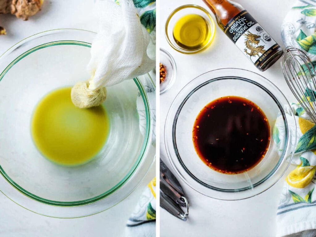 Ginger juice pressed from the cheesecloth mixed with other sesame ginger dressing ingredients.