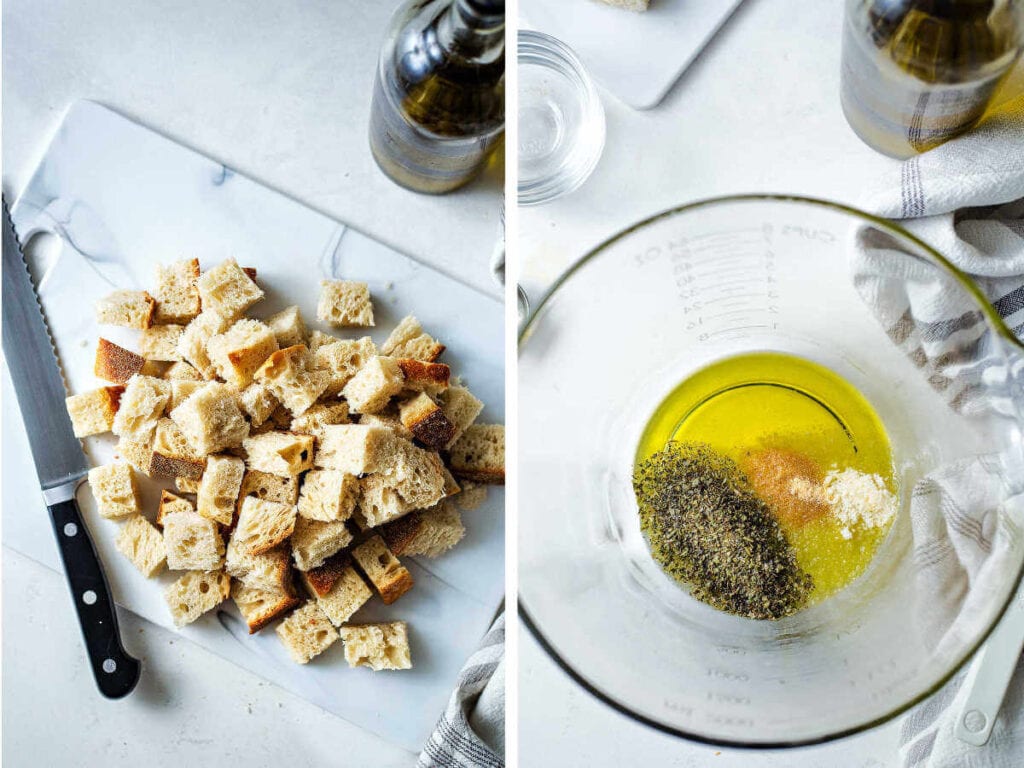 Side by side photos of dicing sourdough bread and making the seasoning.