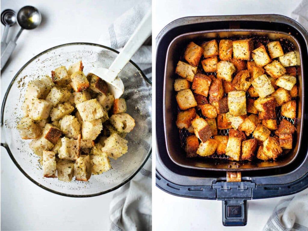 Tossing bread in olive oil and spices and then placing them in the air fryer.