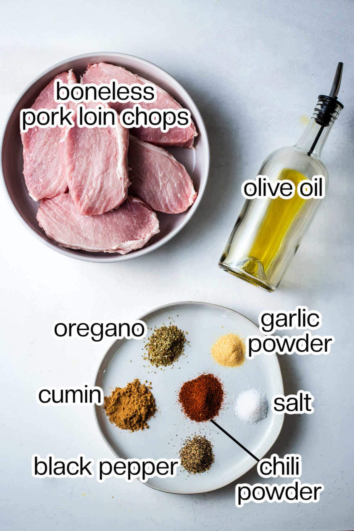 Labeled photo of ingredients needed to make baked pork loin chops.