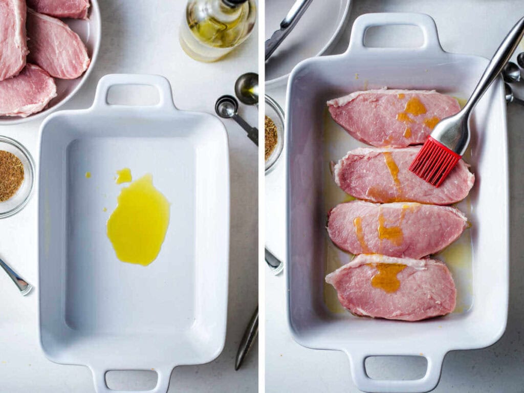 Side by side photos of coating the pork loin chops in oil in a baking dish.