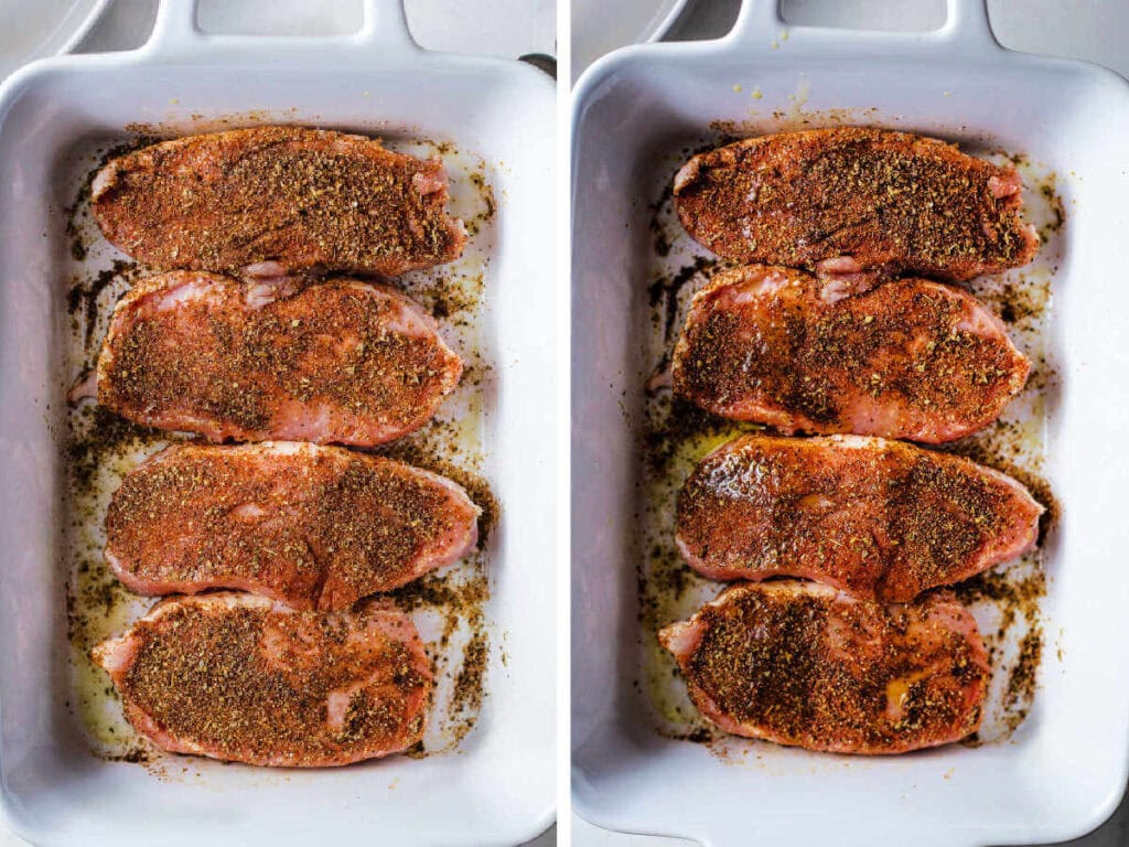 Side by side photos of seasoning the pork loin chops in a baking dish.