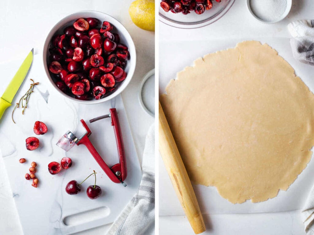 Side by side photos of pitting the cherries and rolling out the pie dough.