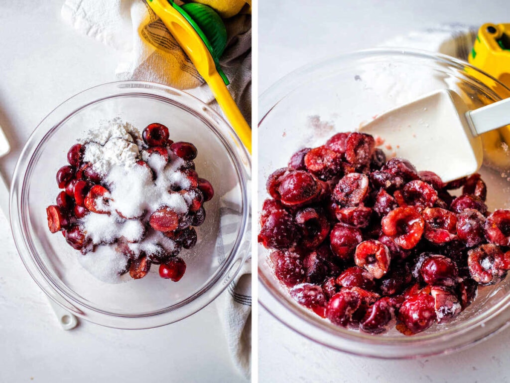 Prepping the fresh cherry filling in a mixing bowl.