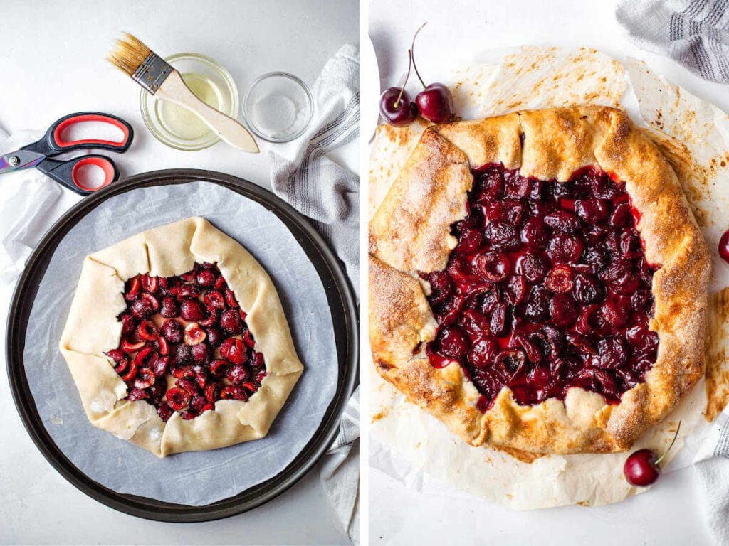 Before and after the rustic cherry tart is baked.