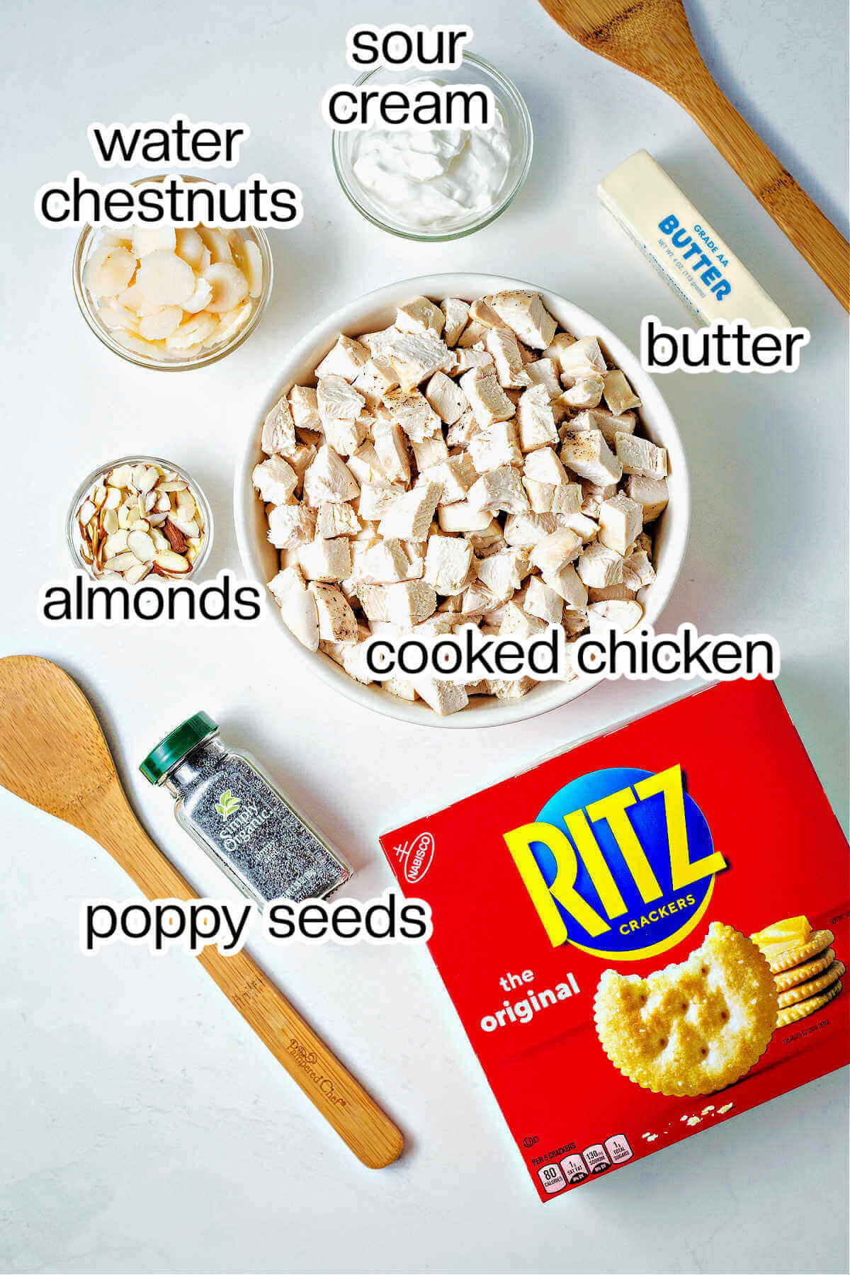 Ingredients needed to make poppy seed chicken casserole with Ritz crackers.