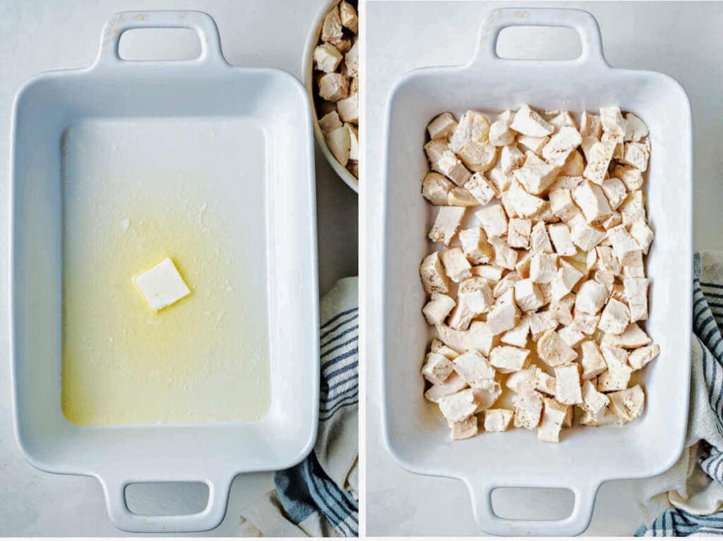 Side by side photos of melted butter in a baking dish with chopped chicken on top.