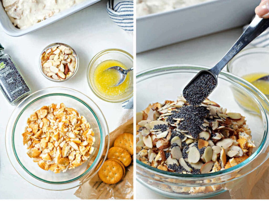 Side by side photos of making the Ritz cracker and poppy seed topping.