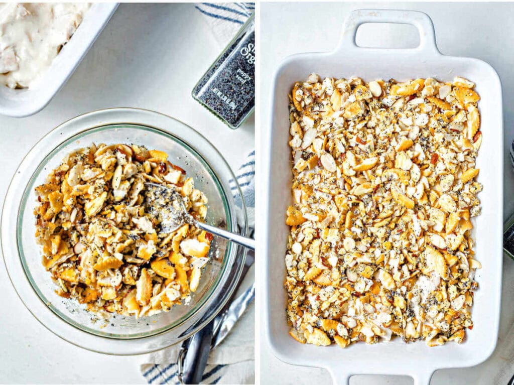 Topping the chicken casserole with a crunchy Ritz cracker topping before baking.