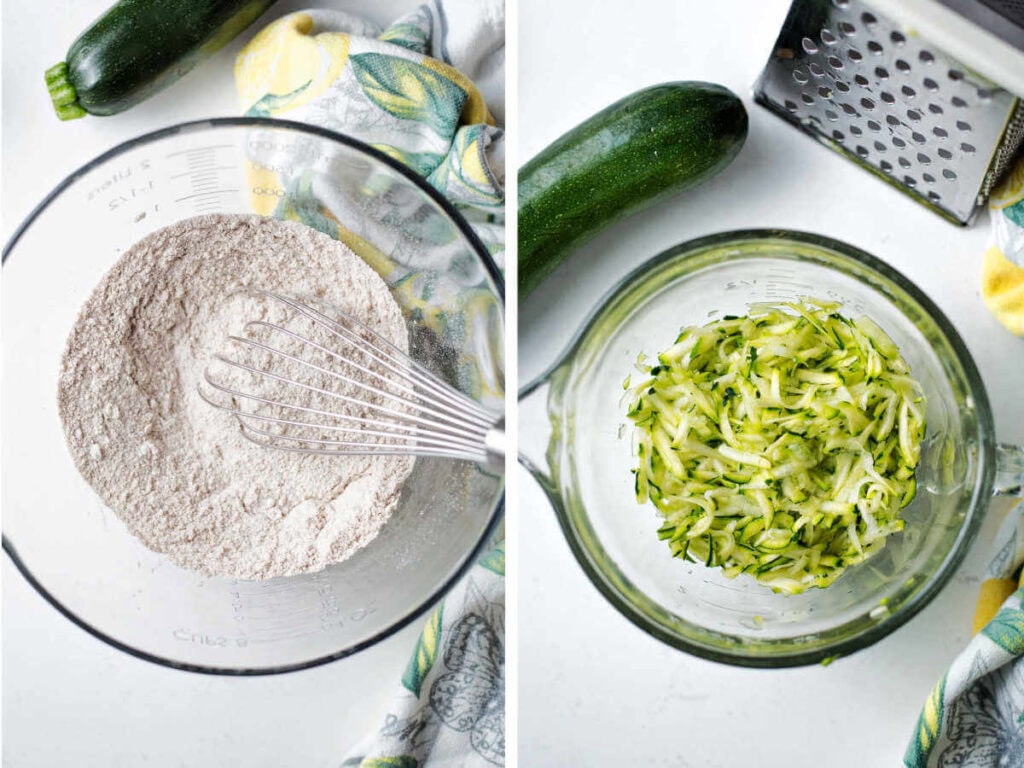 Side by side photos of measured dry ingredients and grated zucchini.