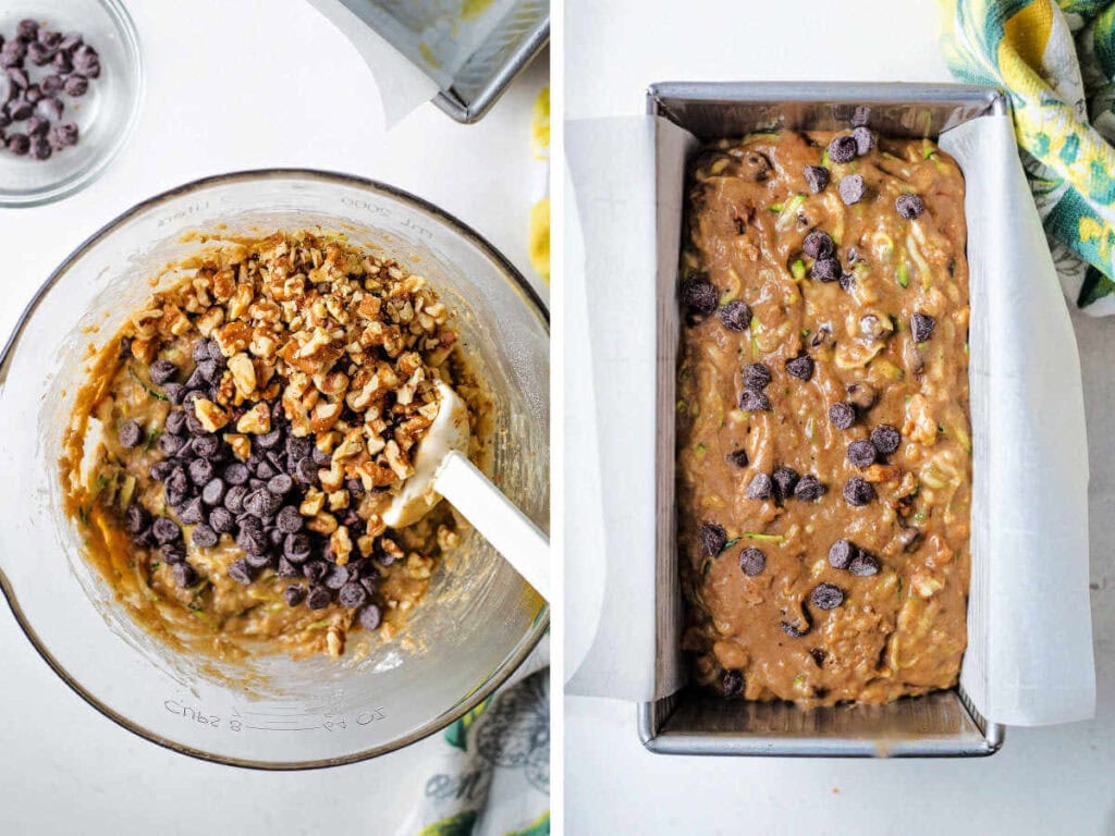 Folding in the chocolate chips and walnuts into the batter and placing it into a prepared loaf pan.