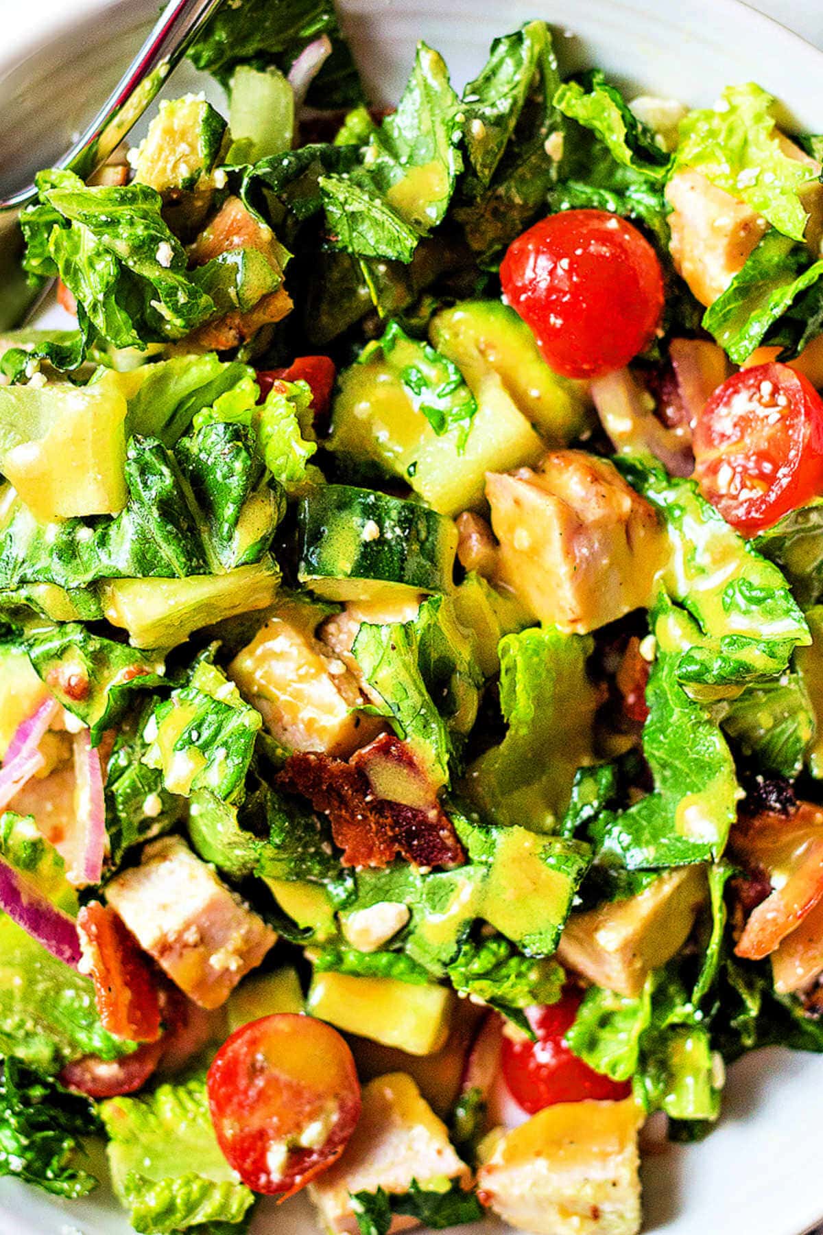 Close up of a chopped chicken salad dressed with honey mustard dressing.
