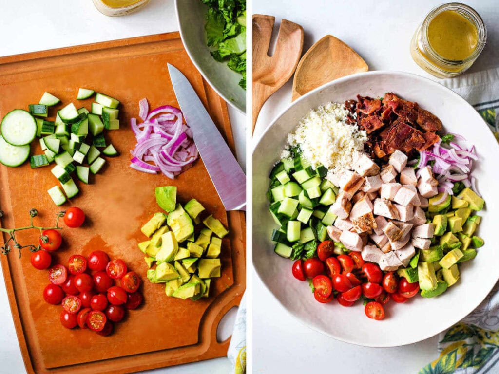 Side by side photos of prepping the veggies for the chopped salad.