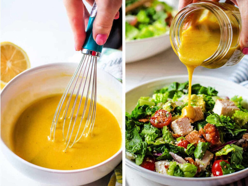 Side by side photos of making the honey mustard dressing and pouring it on the salad.