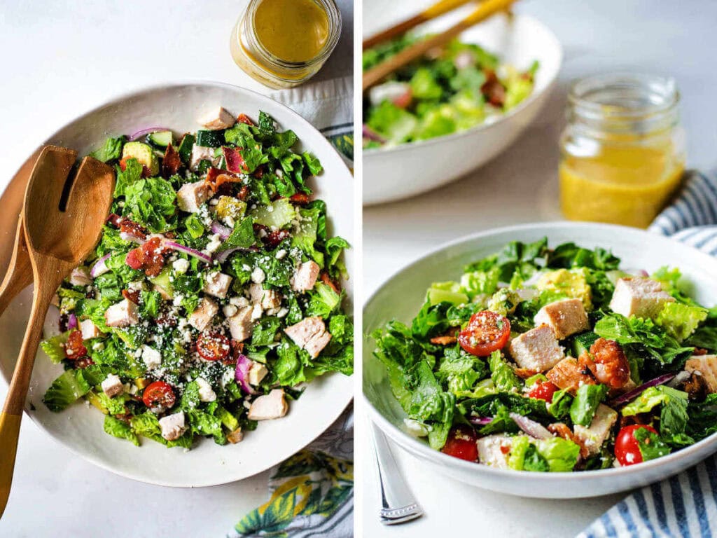 Dressed chopped chicken salad in a large bowl then served in a regular bowl.
