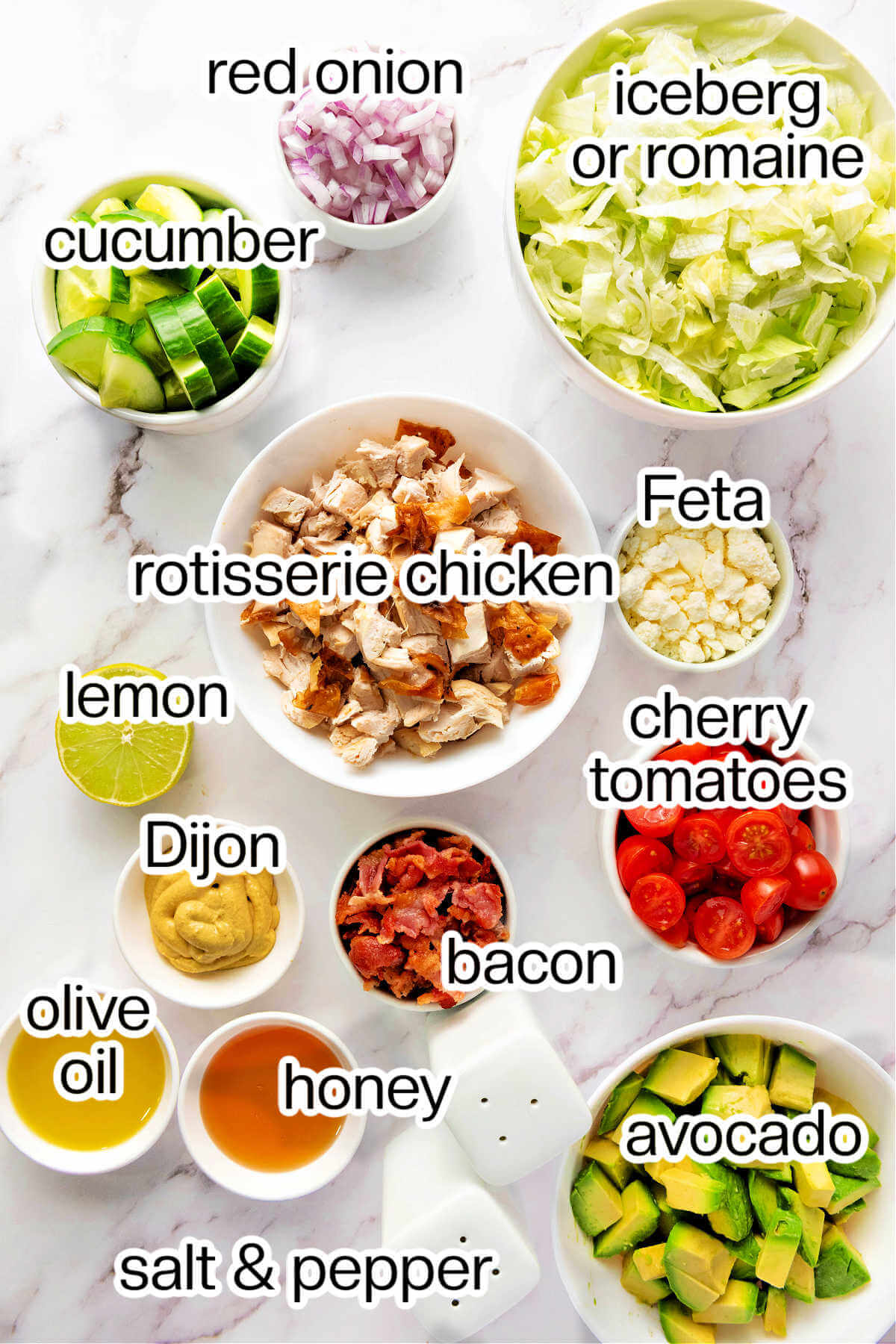 Ingredients needed to make chopped chicken salad with honey mustard dressing.